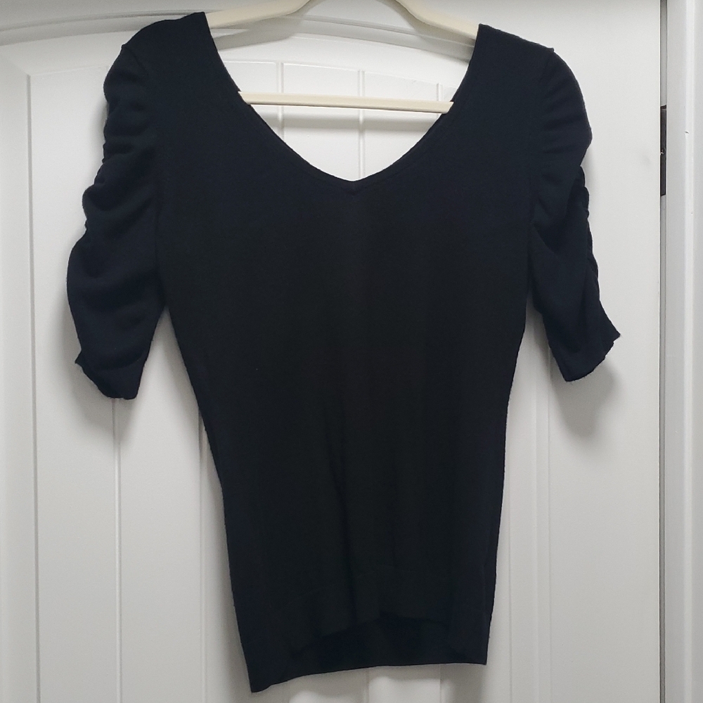 Express Black Ruched Sleeve V-Neck Top